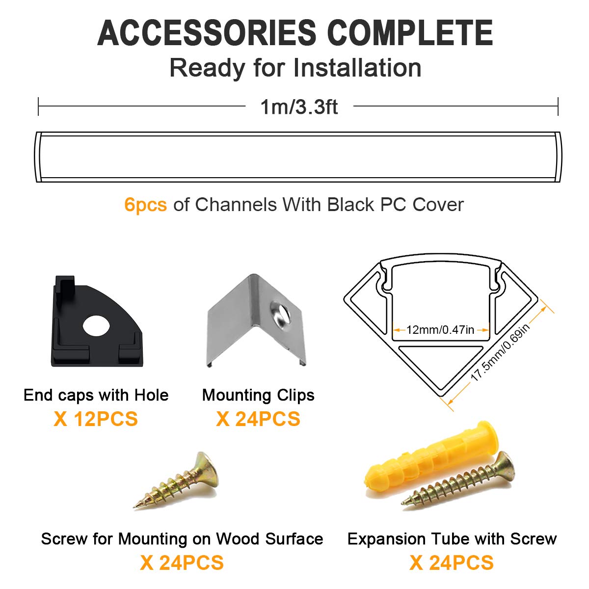 Angdarun LED profile, LED aluminum profile 6x1m V-shape aluminum profiles for LED strips/strips/stripe/end caps (1M-6V-B)