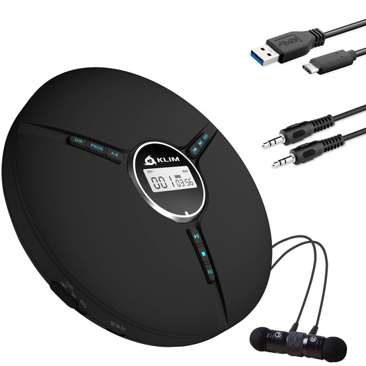 KLIM Discman - Portable CD Player with built-in battery - NEW - includes KLIM Fusion headphones Compact Mini Portable CD Player, compatible with CD-R, CD-RW and MP3 - Discman CD Player - Black