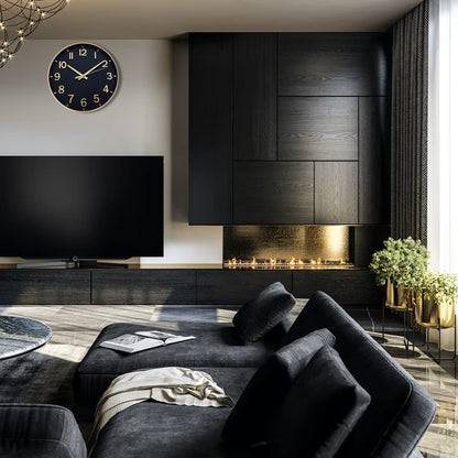 HZDHCLH Funk Wall Clock 30 cm Silent Wall Clock Without Ticking, Modern Battery Operated Clock for Home, Kitchen, Living Room, Office, Wall Decoration (Black Gold)