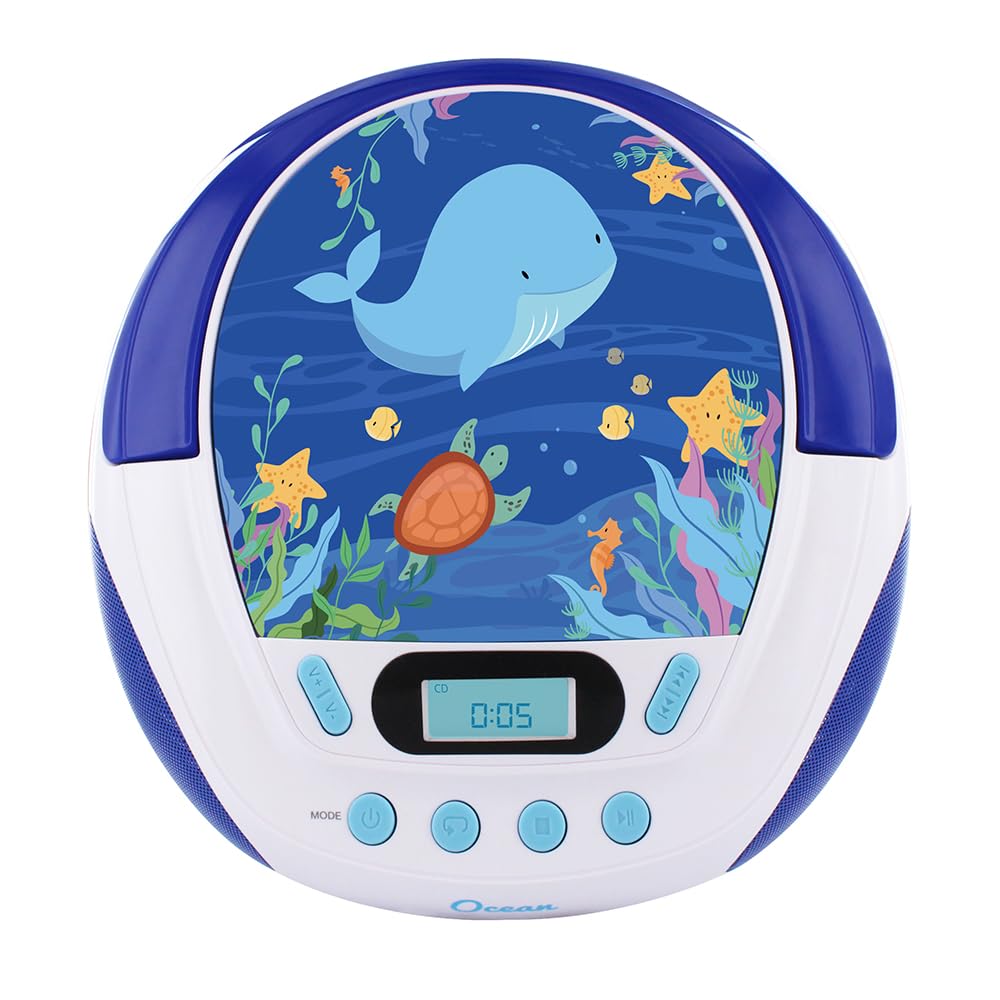 mooov 477170 CD player for kids with speakers, USB, headphone jack, AUX-IN port - boombox CD player portable - mains powered or batteries - Ocean model - blue/white