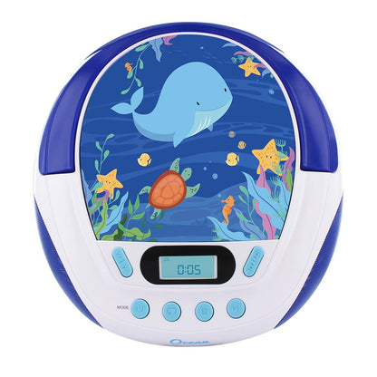 mooov 477170 CD player for kids with speakers, USB, headphone jack, AUX-IN port - boombox CD player portable - mains powered or batteries - Ocean model - blue/white