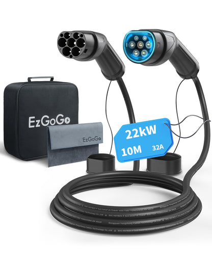 EzGoGo Type 2 charging cable, 22 kW / 32A / 3-phase / 10 meters / Mode 3, Type 2 to Type 2 EV charging cable for electric vehicles with carrying case and microfiber cloth.