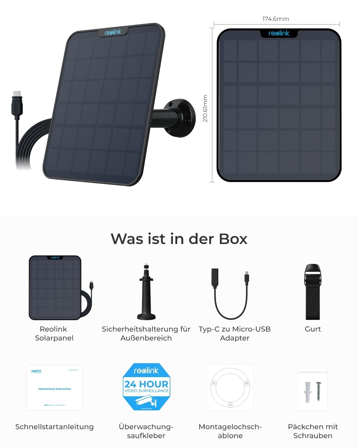 [2023 Update Version] Reolink 6W Solar Panel for Battery Powered Outdoor Security Camera, USB Interface, Solar WiFi IP Camera with 360° Adjustable Bracket, Non-Stop Solar (4m Cable), Black