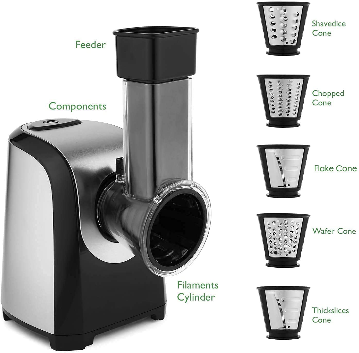 Electric vegetable chopper 5 in 1, 150W kitchen appliance, spiralizer for fruit and vegetable noodles.