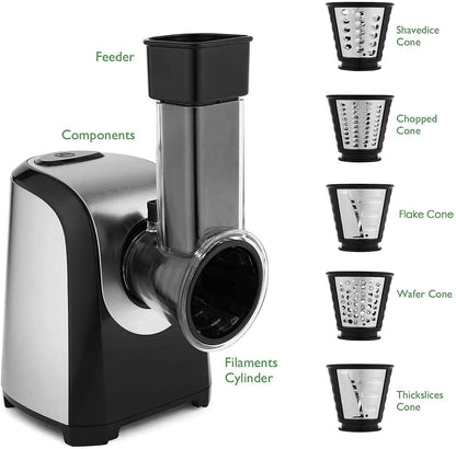 Electric vegetable chopper 5 in 1, 150W kitchen appliance, spiralizer for fruit and vegetable noodles.