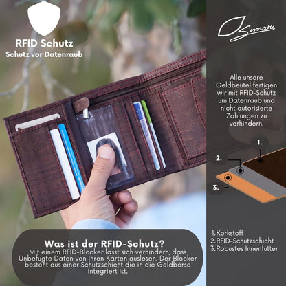 Simaru cork wallet with RFID protection, vegan purse for women & men, holds 10+ cards, bills & coins.