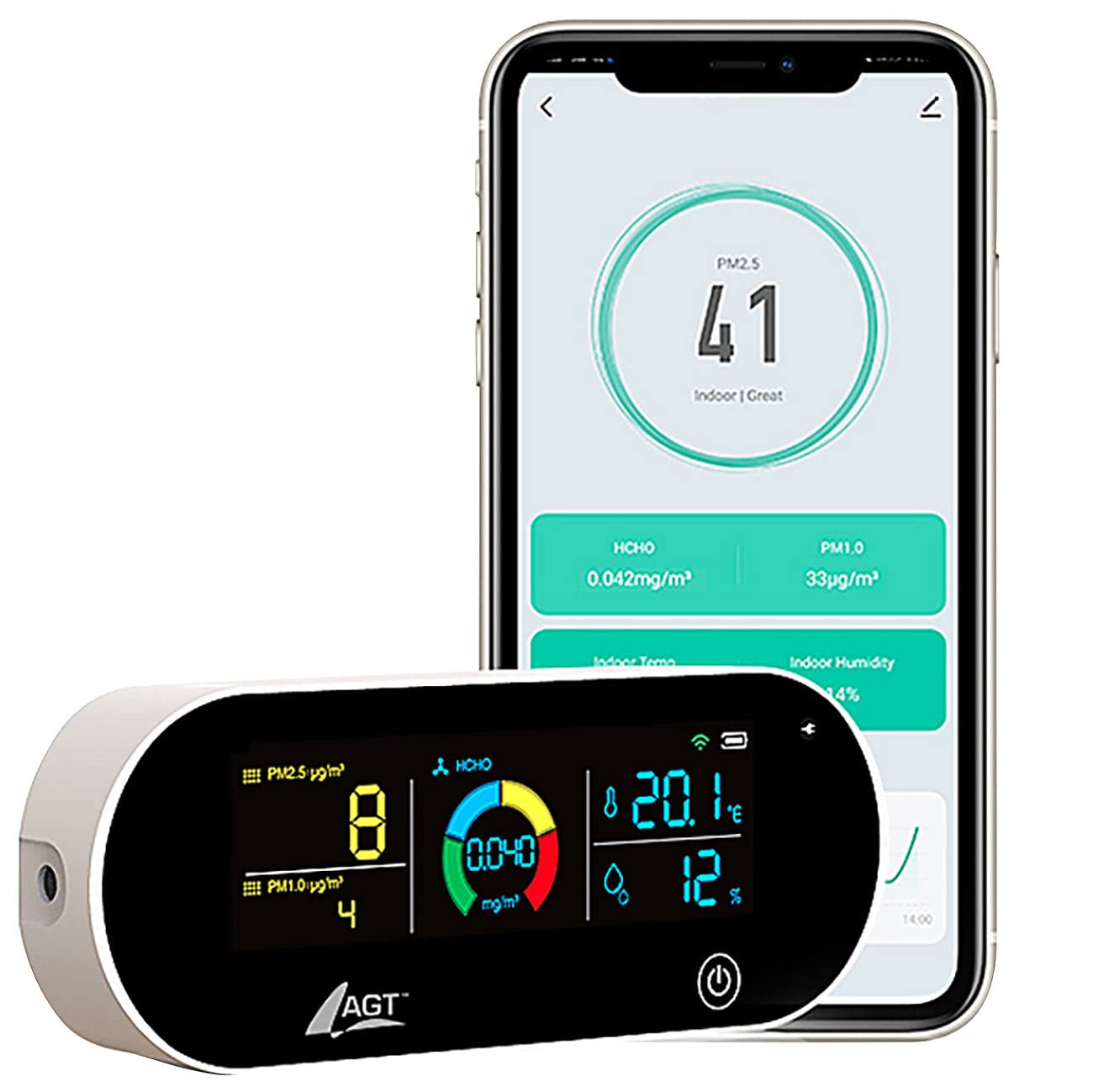 AGT indoor air quality monitor: 5-in-1 rechargeable air quality tester, HCHO, PM1/2.5, temperature, and more, app (air measurement, particle counter, health).