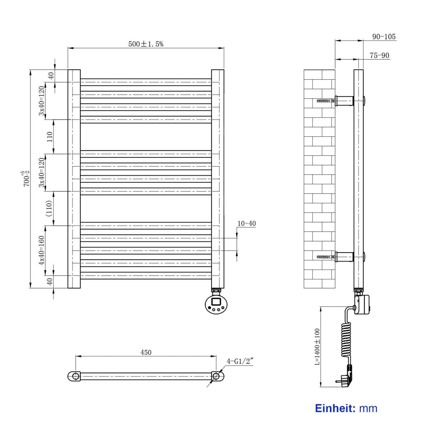 Heilmetz electric towel warmer 70x50cm with digital thermostat and timer function. Straight white towel radiator 284W.