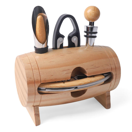 ZBPASL Barrel Shape Corkscrew Set, Wine Opener, Wine Sommelier Sets with bottle opener, Wine stoppers, Wine accessories gift set (Barrel 01)