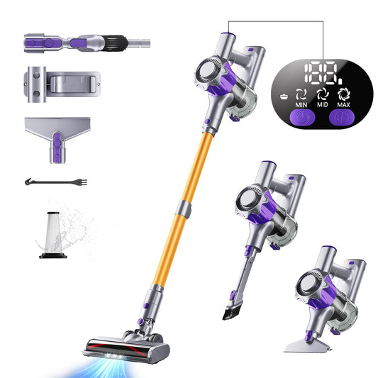 Cordless vacuum cleaner, 40000Pa/450W with smart display. Up to 50 minutes runtime. Comes with automatic mode and anti-tangle brush for carpets, hard floors, and pet hair.