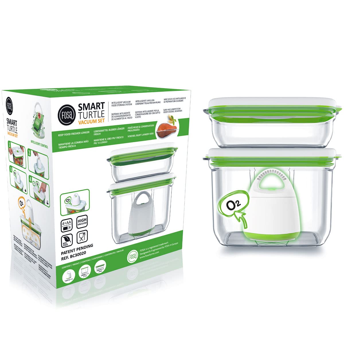 FOSA BARCELONA 3-piece Starter Kit - keeps food fresh longer in vacuum - food storage containers with vacuum pump (TURTLE) + 3 x FOSA MADRID rectangular storage containers.