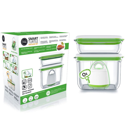 FOSA BARCELONA 3-piece Starter Kit - keeps food fresh longer in vacuum - food storage containers with vacuum pump (TURTLE) + 3 x FOSA MADRID rectangular storage containers.