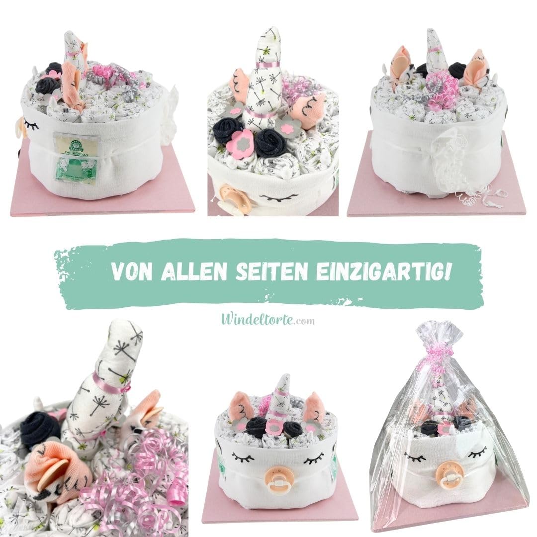 Diaper cake ® Unicorn Pink Girl - Newborn gift birth [give joy] baby shower pull party toys essentials wet wipes burp cloths baby socks pacifier - order cake