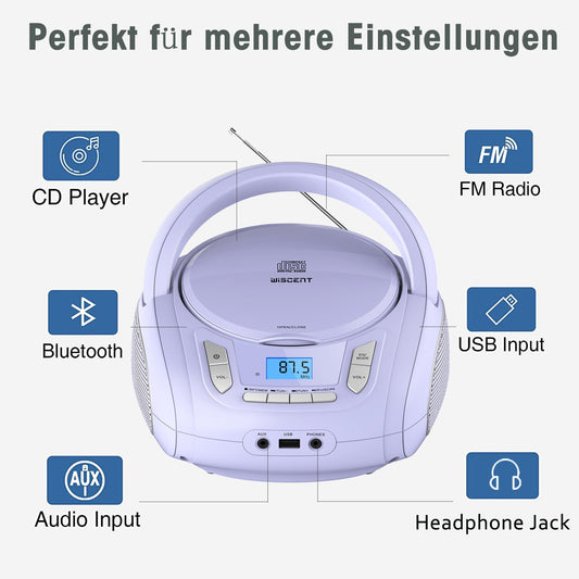 Portable CD Player for Kids - Radio CD Boombox with Bluetooth, FM Radio, USB Input & AUX Connection & Headphone Jack, CD Player for home or on the go (Light Purple)