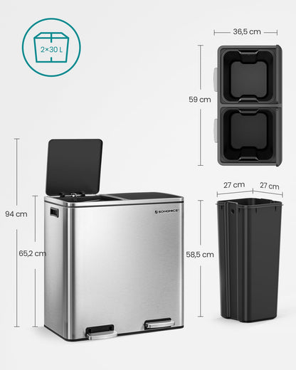 SONGMICS Trash Can, 2 x 30 liters, 2 compartments, waste separation system, pedal bin, kitchen trash can, 15 trash bags, metal, plastic inner bucket, flip lid, soft close, airtight, silver-black LTB60NL