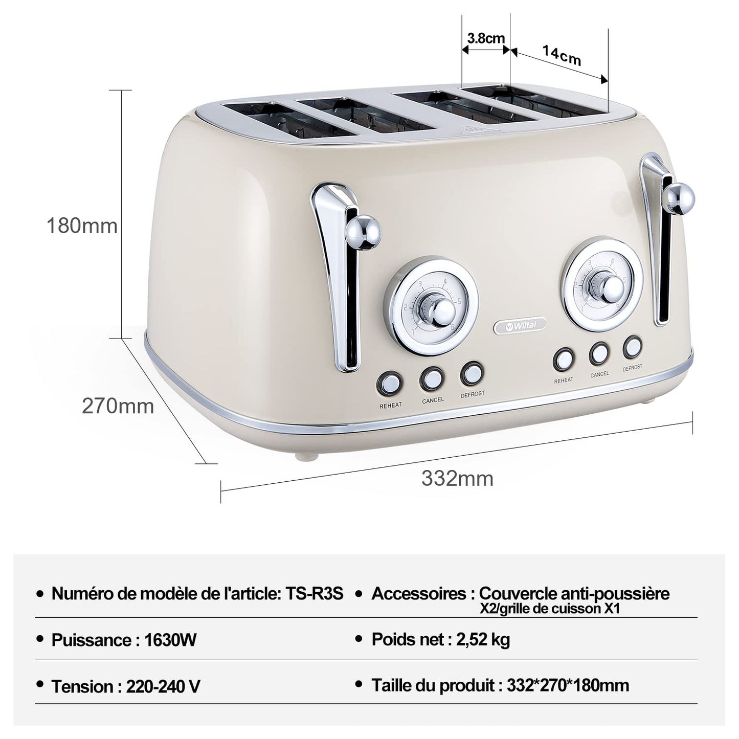 Wiltal 4-Slice Toaster, Long Slot Toaster, Stainless Steel Housing, with Built-in Bun Warmer, With Cover, Browning Control 1-6, Defrost Function, Crumb Tray, Retro Toaster, Cream White.