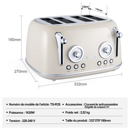 Wiltal 4-Slice Toaster, Long Slot Toaster, Stainless Steel Housing, with Built-in Bun Warmer, With Cover, Browning Control 1-6, Defrost Function, Crumb Tray, Retro Toaster, Cream White.