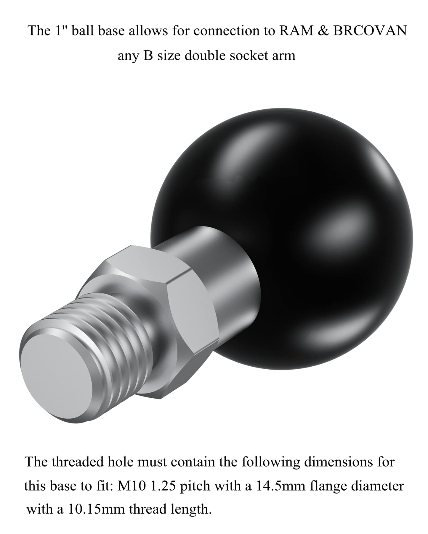BRCOVAN 2St, 1 inch ball adapter with M10 x 1.25 thread post Compatible with RAM Mounts B Size 1'' ball double socket arm