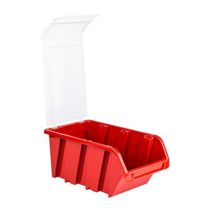 60-piece box with lid + wall shelf 120 x 80 cm, stackable bins, tilt shelf, storage boxes storage system (RED)