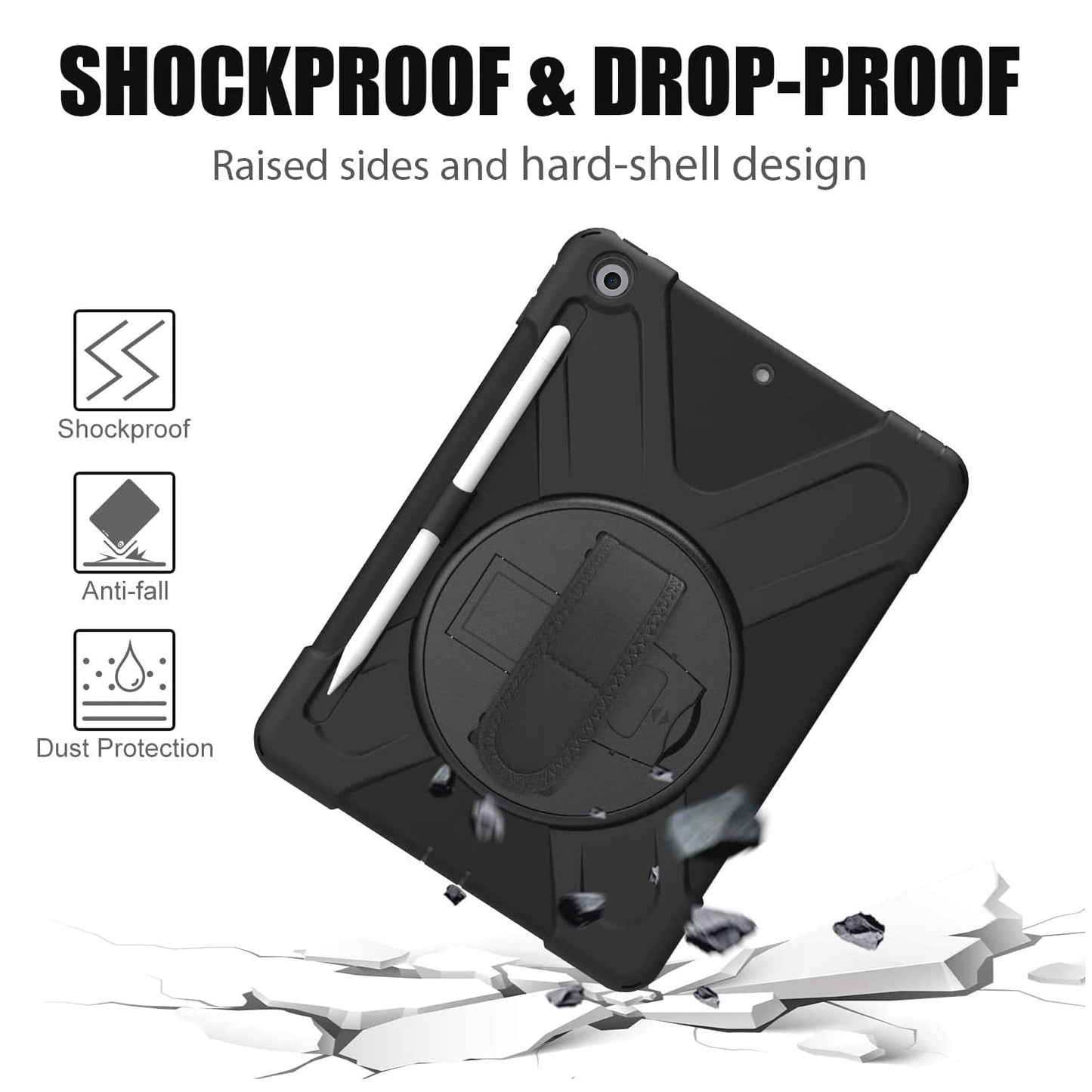 Gerutek case for iPad 9th/8th/7th Generation 10.2 Inch, Shockproof Tough Protective Case with 360° Rotating Stand Pencil Holder Hand Strap Shoulder Strap, Armor Case for iPad 10.2" 2021/2020/2019, Black