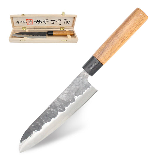 Fishtec Chef Kitchen Knife 18 cm - Japanese knife with hammered steel blade 2.5mm HCR hardness 58 - Professional multipurpose knife - Rosewood handle - Wooden gift box