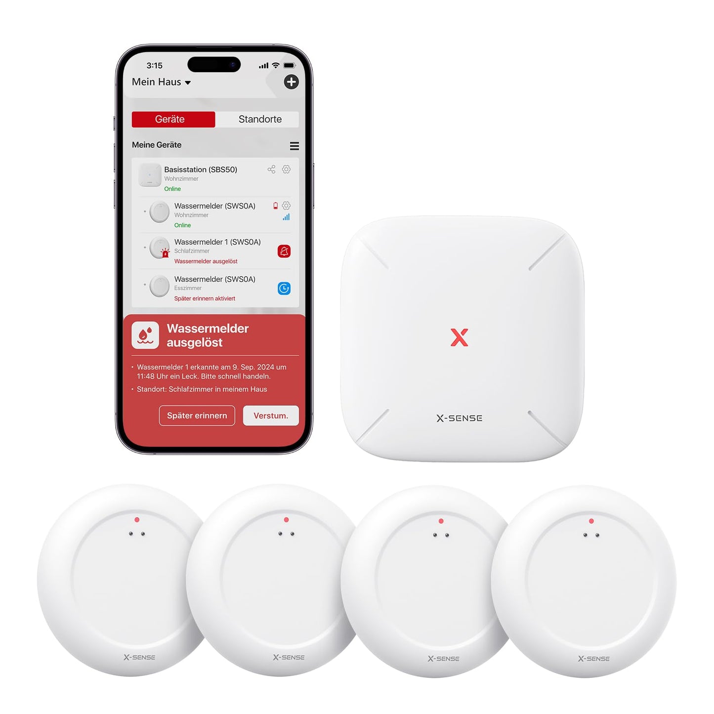X-Sense Wi-Fi water detector with SBS50 base station, Smart water detector, App alerts (2.4Ghz only), waterproof to IP67, wireless water sensor for kitchen, bathroom, basement, SWS0A41, 5-pack.