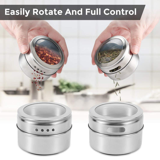 Aiyola magnetic spice jars 12-piece set with wall base, stainless steel lids easy to clean includes 120 labeling stickers