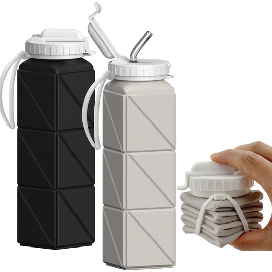 BEAUTAIL Foldable Water Bottle 610ML with Straw, Portable Silicone Water Bottle, Drinking Container, Lightweight, Reusable, for Fitness, Cycling, Sports, Outdoor Sports Bottle (Black+Starlight).
