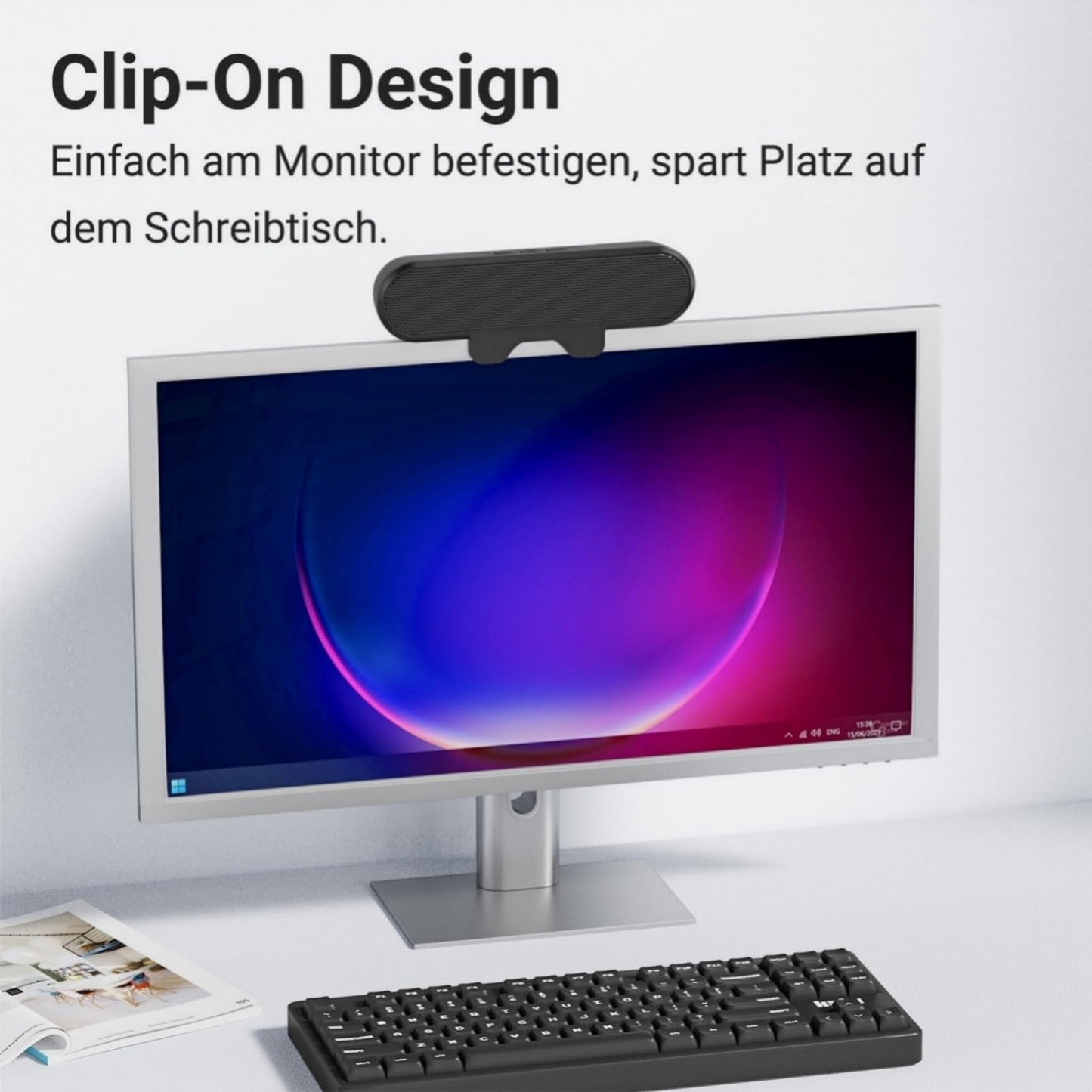 Inwa PC speakers, USB monitor speakers with clip-on, 10W with HD stereo sound, clip onto 0.1-1.1' monitor, for PC monitor, laptop, mobile, desktop, outdoor, plug and play (black)