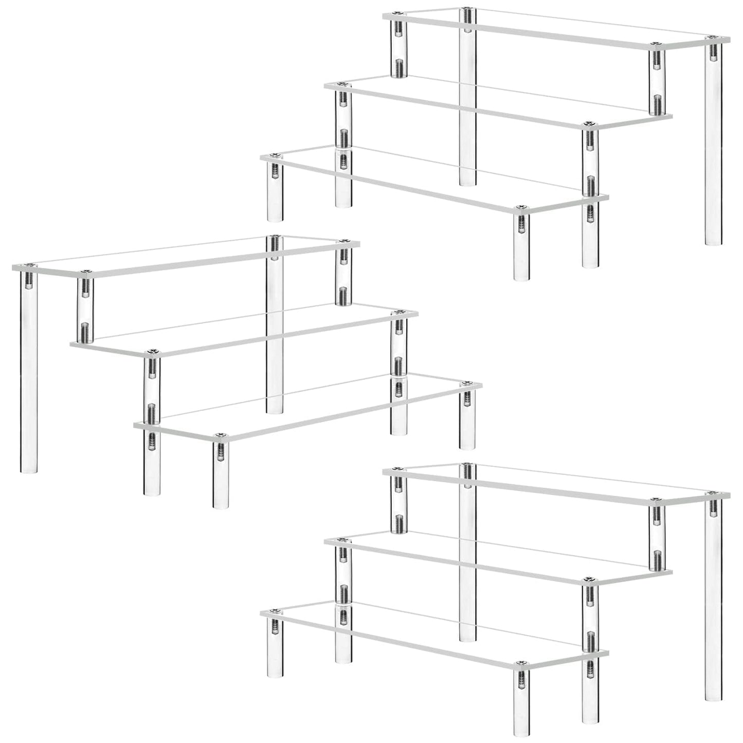Acrylic riser display shelf stand for Amiibo Funko Pops figures, tabletop clear acrylic organizer for nail polish spices cosmetics art crafts jewelry stand cupcake buffets dessert model 3 pack