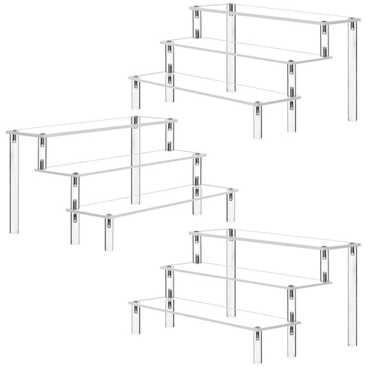 Acrylic riser display shelf stand for Amiibo Funko Pops figures, tabletop clear acrylic organizer for nail polish spices cosmetics art crafts jewelry stand cupcake buffets dessert model 3 pack