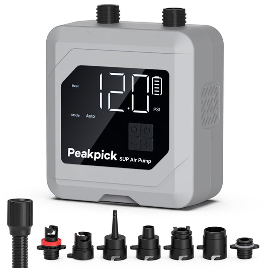 Peakpick 20PSI Electric SUP Pump, rechargeable, battery-powered SUP pump, intelligent dual-stage inflation and deflation, auto-off air pump for SUP, surfing, kite, tent, mattress.