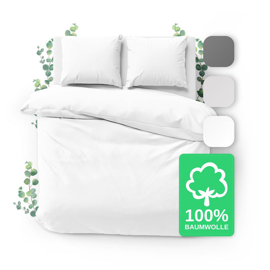 JACOBSON Bedding 155x220 Set - 100% cotton duvet cover 155x220 cm + 2 pillow cases 80x80 cm, percale bedding 3-piece with zipper (155x220cm, White, 3-piece)