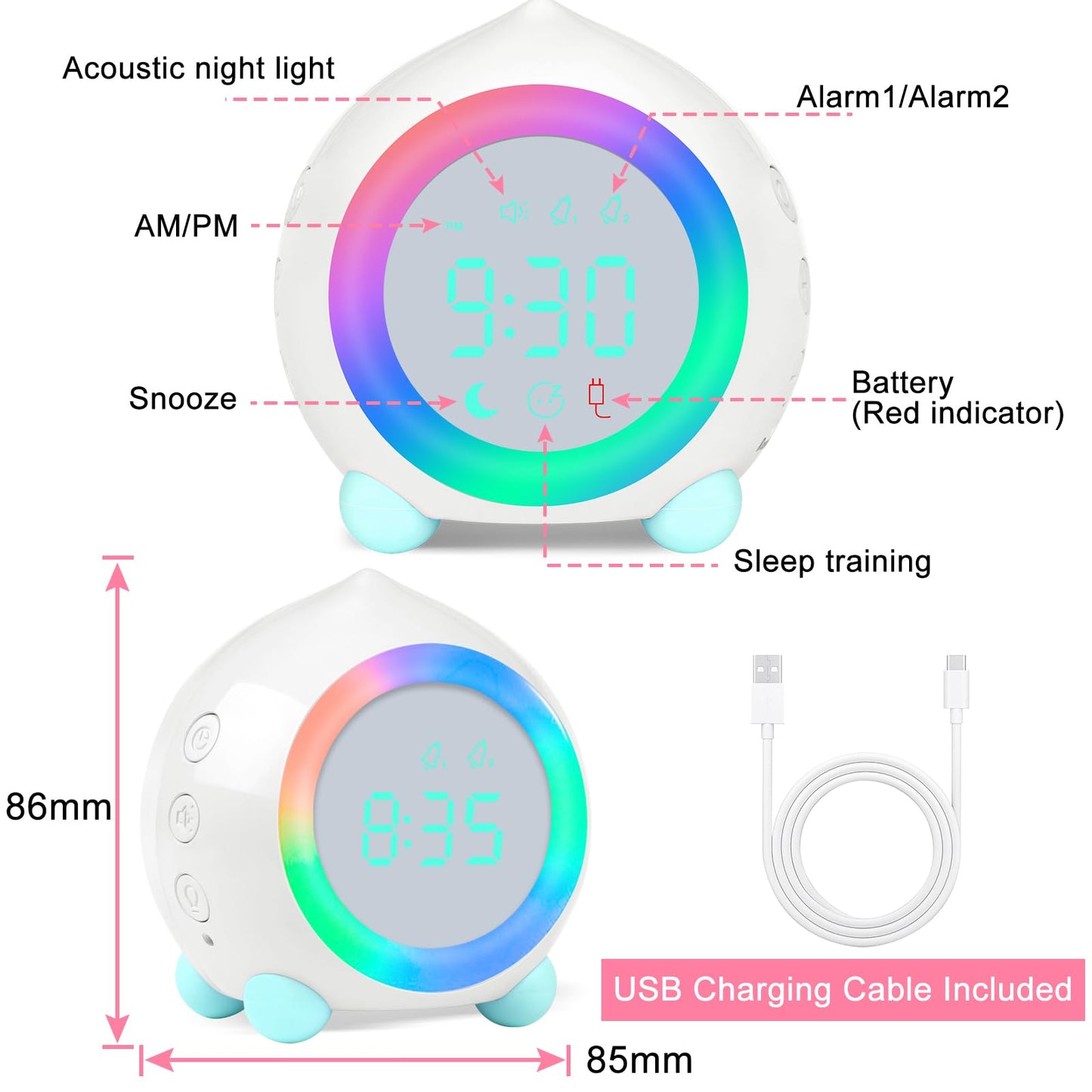 Ayybboo Kids Alarm Clock Digital, Alarm Clock Digital Sunrise Simulator Kids Alarm Clock for Girls Boys with Colorful Lights Quiet Alarm Clock No Ticking Bedroom (White)