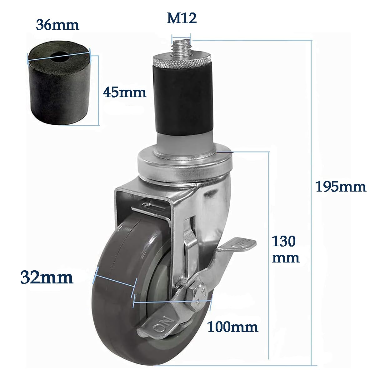 4 pieces heavy-duty casters M12 swivel casters, 100mm PVC wheel casters with brake load capacity 480 KG heavy-duty casters for transportation Non-slip quiet swivel casters Furniture caster
