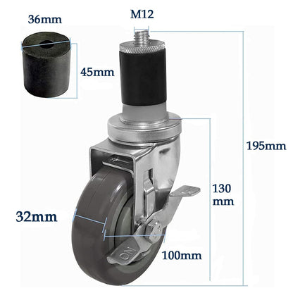 4 pieces heavy-duty casters M12 swivel casters, 100mm PVC wheel casters with brake load capacity 480 KG heavy-duty casters for transportation Non-slip quiet swivel casters Furniture caster