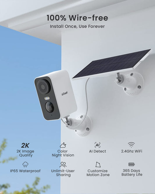ieGeek 2K (Type-C) Outdoor Security Camera with Solar Panels, 5200mAh Battery Wireless Camera, WiFi Outdoor Surveillance Camera, PIR Motion Detection, 2-Way Audio, Alexa Compatible, Black, 2Pcs, IP65-White