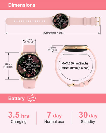 GRV Round Smartwatch for women and men with heart rate monitor, pedometer, sleep tracker, 7 days battery life, personalized watch face.