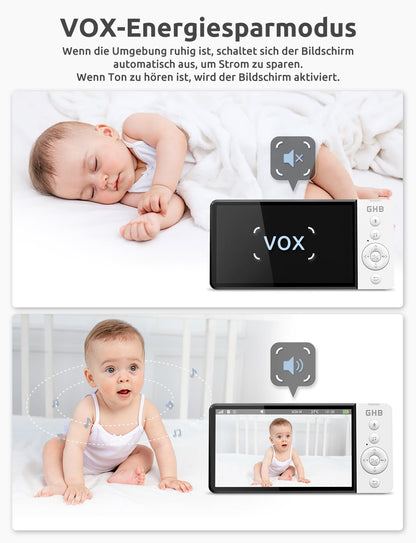 GHB baby monitor with camera 5 inch 720P HD 5000mAh IPS display VOX mode digital zoom night vision two-way talk temperature display ABM700