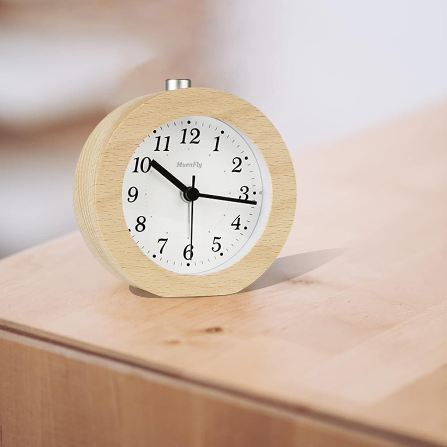 Analog alarm clock without ticking, set of 2 wood alarm clocks with snooze, battery operated retro table clock with night light for bedroom, night kids, and office (1xAA battery required)