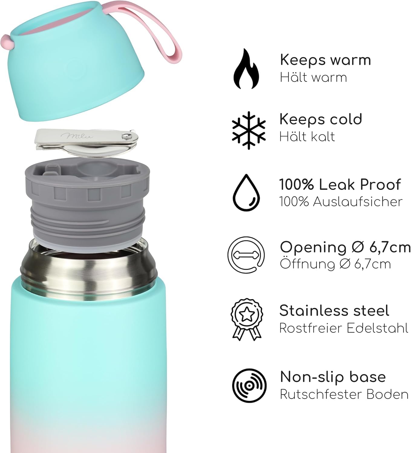 Milu® 800ml Stainless Steel Thermos Food Container, Thermo Lunchbox, Soup Container to-go, Thermal Box for keeping soup, baby food warm, meal container, portable baby food warmer, Mint Pink 800ml