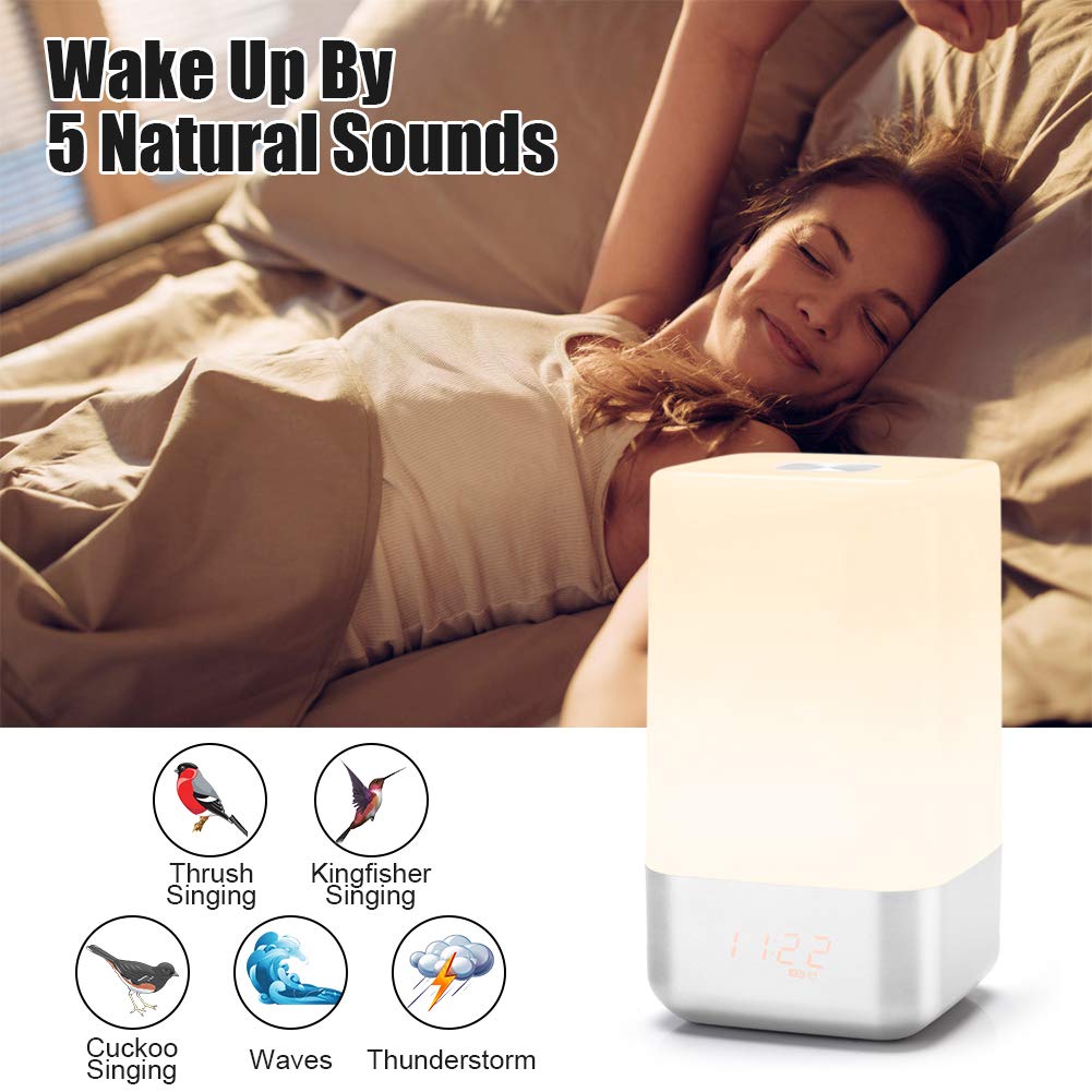 Wake-up light alarm clock, Finether Sunrise alarm clock with 5 nature sounds, USB rechargeable night light touch control lamp.