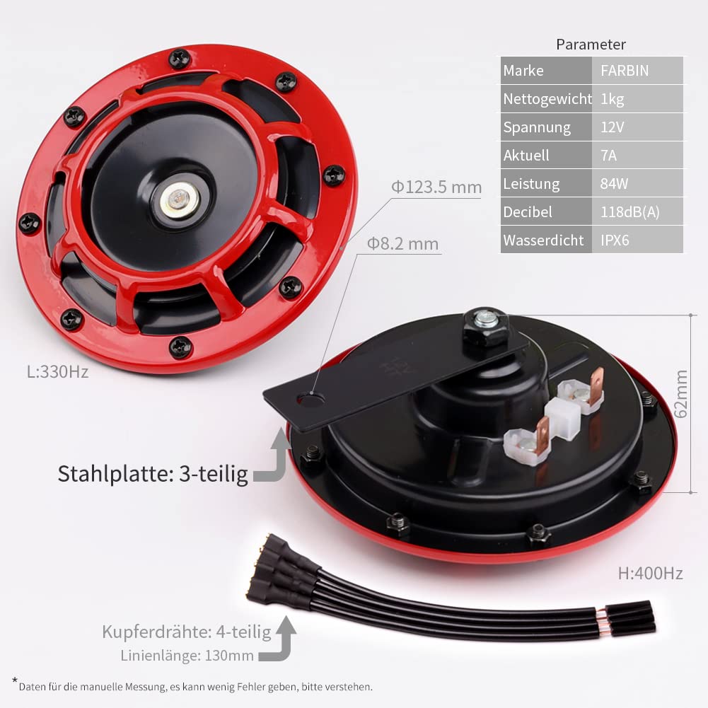 Car horn 12 volt high/low tone dual horn kit with red protective grille. Metal twin horns kit for car motorcycle, red set high/low tone.