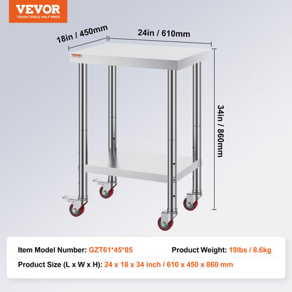 VEVOR Work Table 61 x 46 x 86 cm Stainless Steel Catering Work Table 100 kg Load Capacity Food Prep Table Commercial Kitchen Work Table for Kitchen Bar Restaurant 4 Adjustable Feet