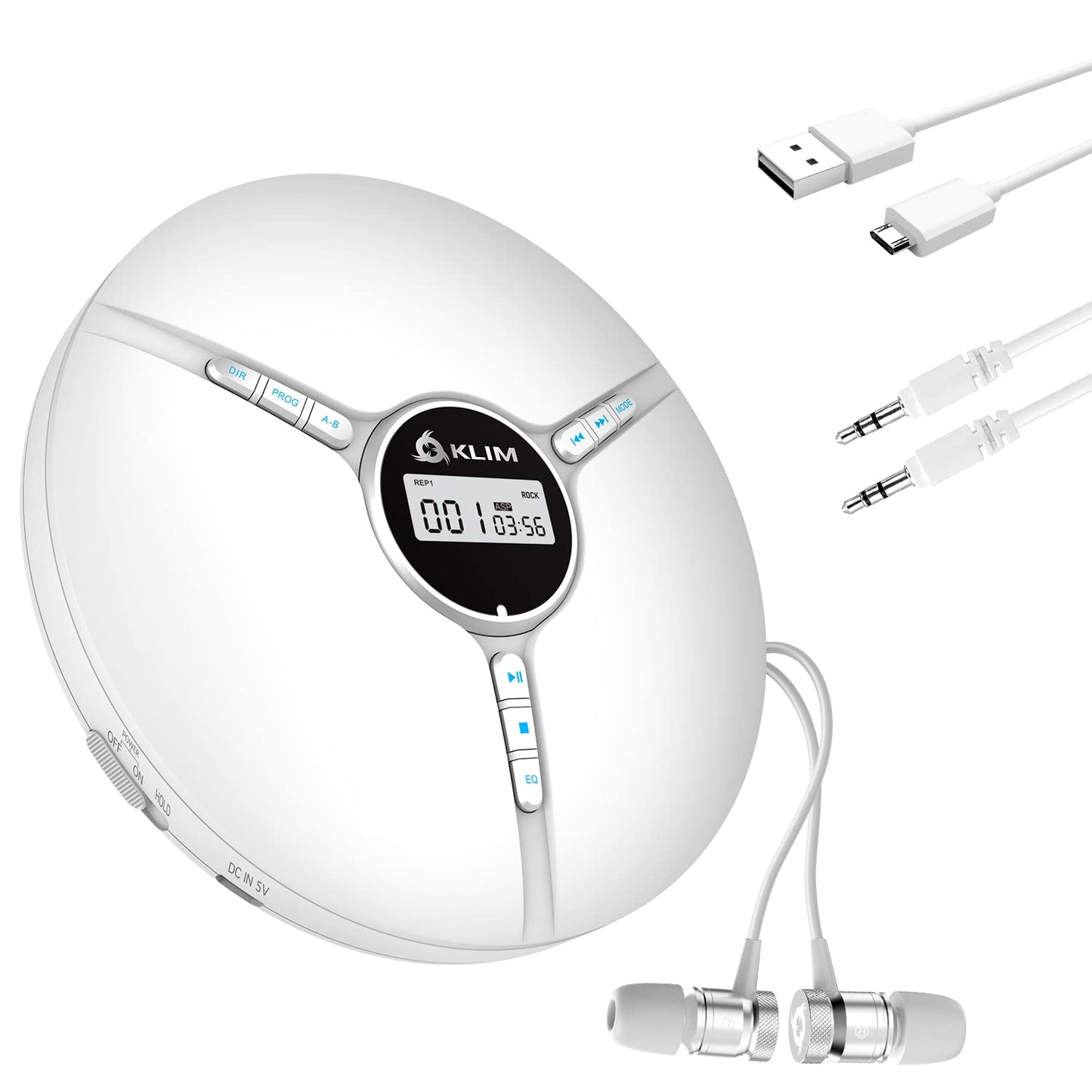 KLIM Discman - Portable CD player with built-in battery - NEW - includes KLIM Fusion headphones. Compact Mini Portable CD Player, compatible with CD-R, CD-RW, and MP3 - Discman CD Player - White.