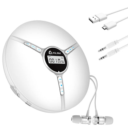 KLIM Discman - Portable CD player with built-in battery - NEW - includes KLIM Fusion headphones. Compact Mini Portable CD Player, compatible with CD-R, CD-RW, and MP3 - Discman CD Player - White.