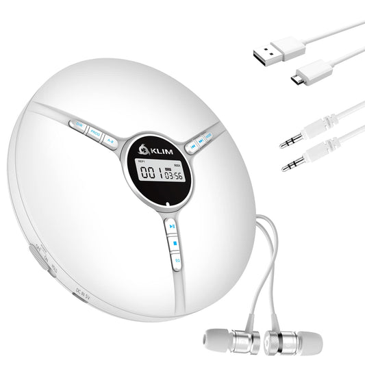 KLIM Discman - Portable CD player with built-in battery - NEW - includes KLIM Fusion headphones. Compact Mini Portable CD Player, compatible with CD-R, CD-RW, and MP3 - Discman CD Player - White.