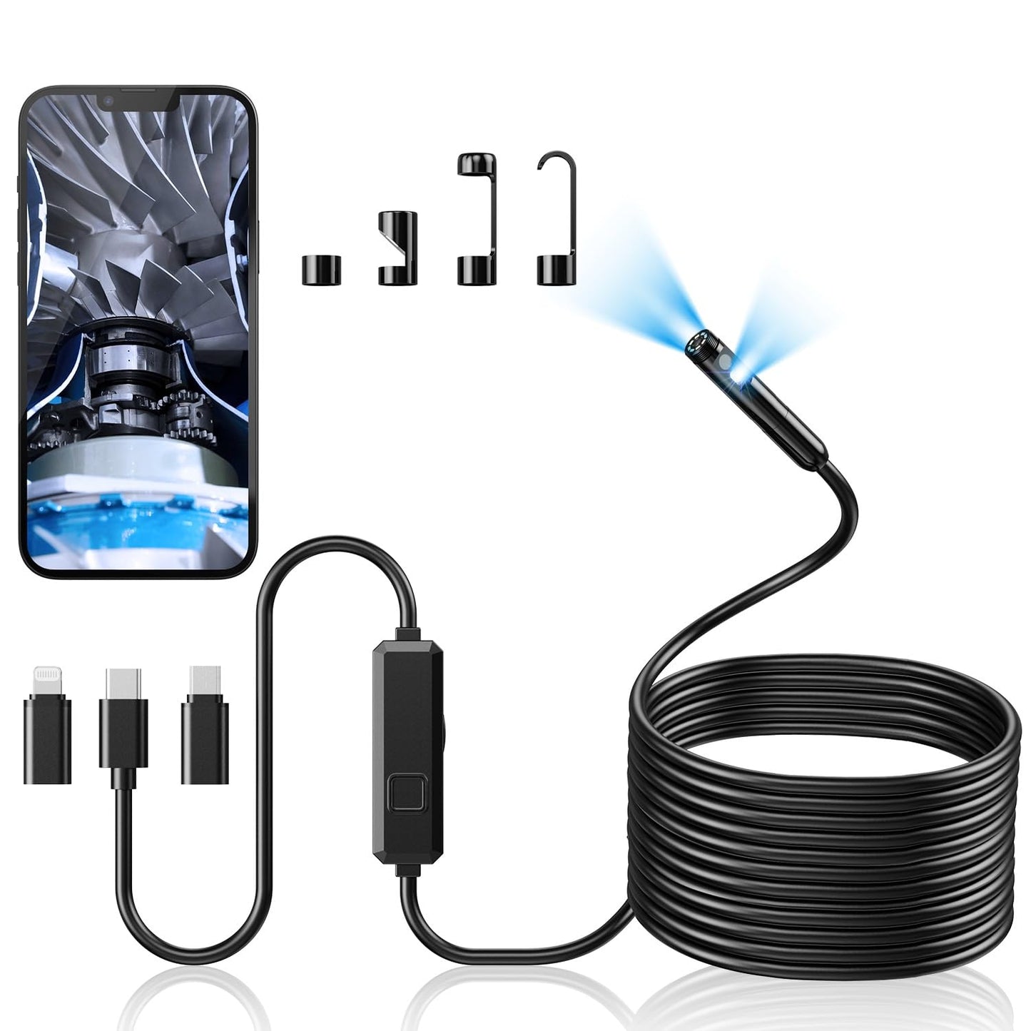 Acoath Endoscope Camera with Light, 1920 HD Tube Camera with 8 LEDs, IP67 Waterproof Inspection Camera Gadget, 10M Drain Camera Tools for Android & iOS - 2 Lenses