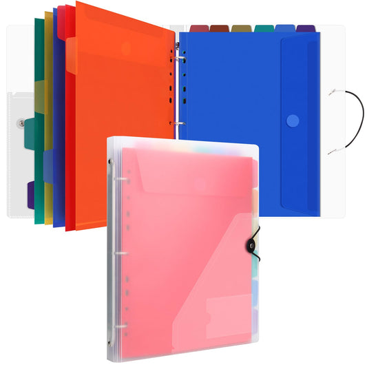 Uquelic A4 document folder for filing, A4 slim ring binder with 12 plastic document pockets (6 colors), Waterproof folder organizer - Transparent