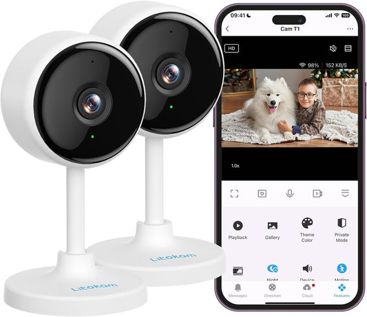Litokam surveillance camera 2 pack, baby monitor with camera featuring motion detection, night vision, two-way audio, indoor camera surveillance for dogs, pet camera compatible with Alexa app.